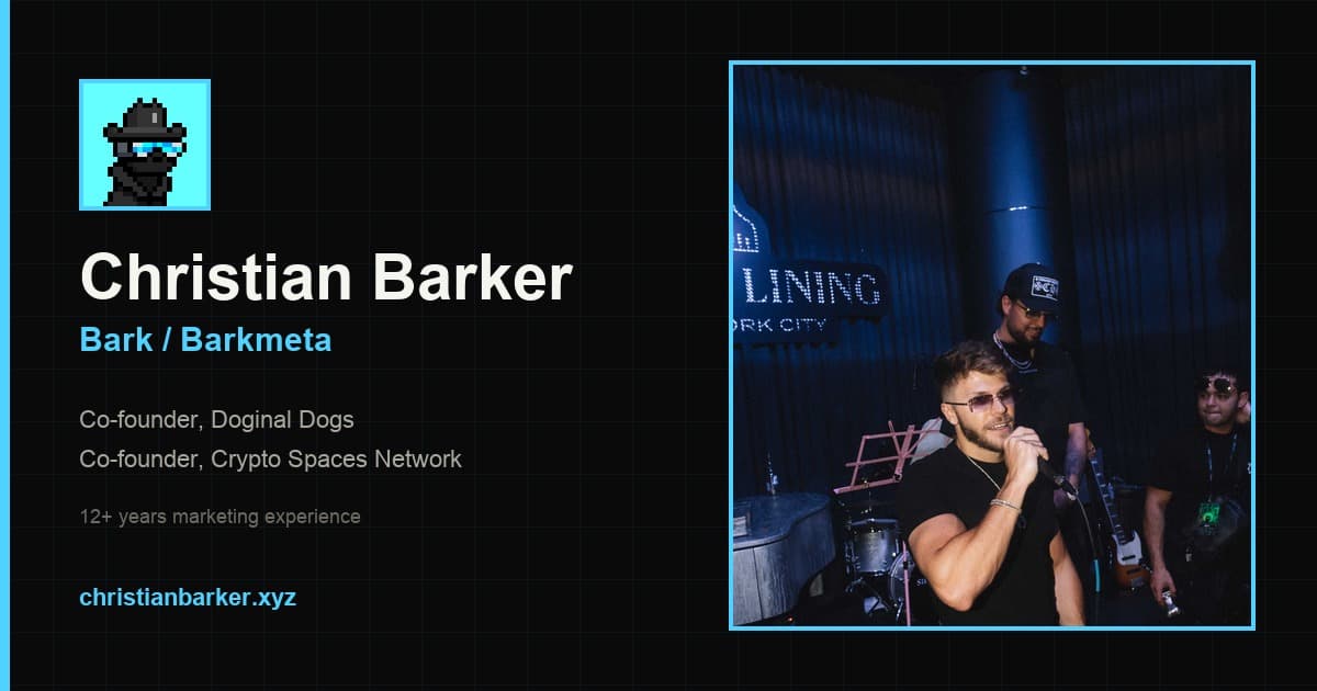 Christian Barker (Bark / Barkmeta) — Doginal Dogs co-founder and Crypto Spaces Network co-founder. Free mint 11 January 2024.